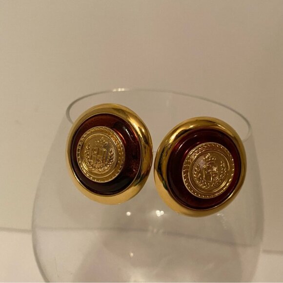 LIZ CLAIBORNE EARRINGS VINTAGE SIGNED GOLD TONE CREST LOGO TORTOISE BROWN POST - Picture 5 of 7